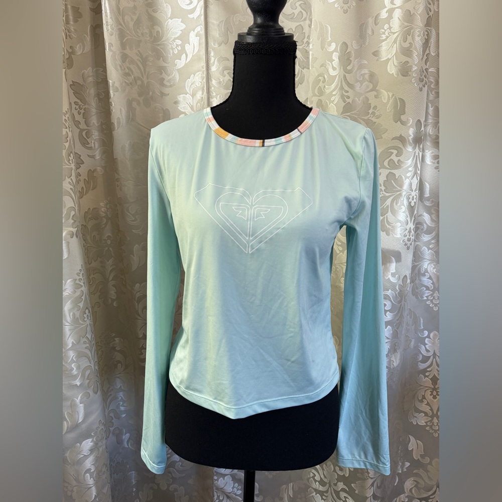 Roxy Aqua Long Sleeve Tee with Patterned Collar /C140